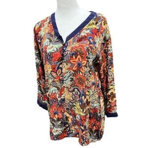 Vivante‎ Shirt Women Medium Tunic 3/4 Sleeve Multicolor Blouse Floral Boho